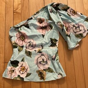 Lulumari Floral One-Shoulder Blouse in Blue and Pink
